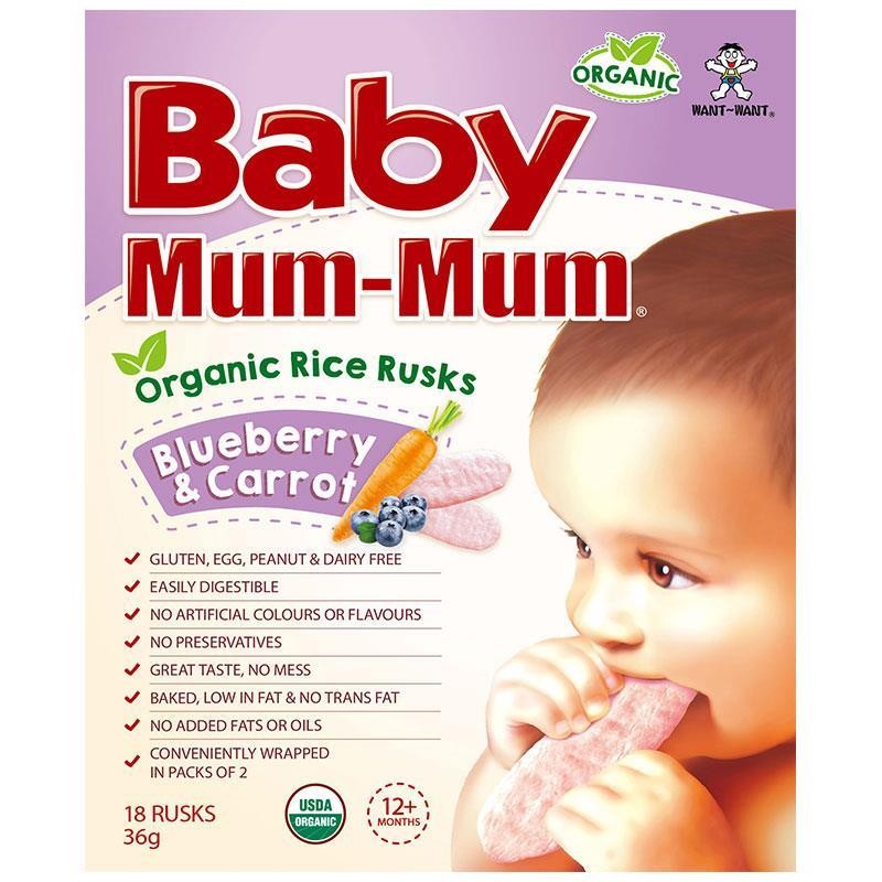 BABY MUM MUM ORGANIC RICE RUSKS BLUEBERRY AND CARROT 12M+ 18PK 36G