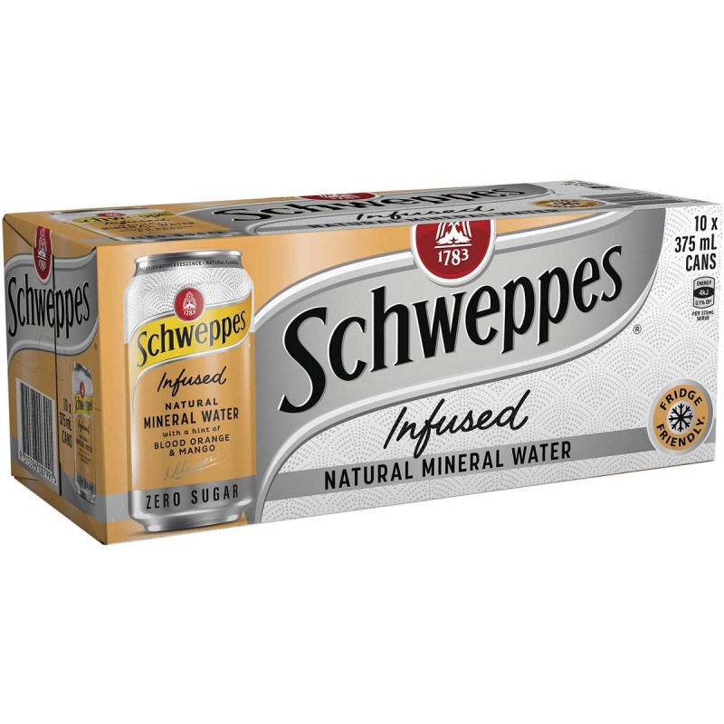 ORANGE AND MANGO MINERAL WATER CANS ZERO SUGAR 10X375ML