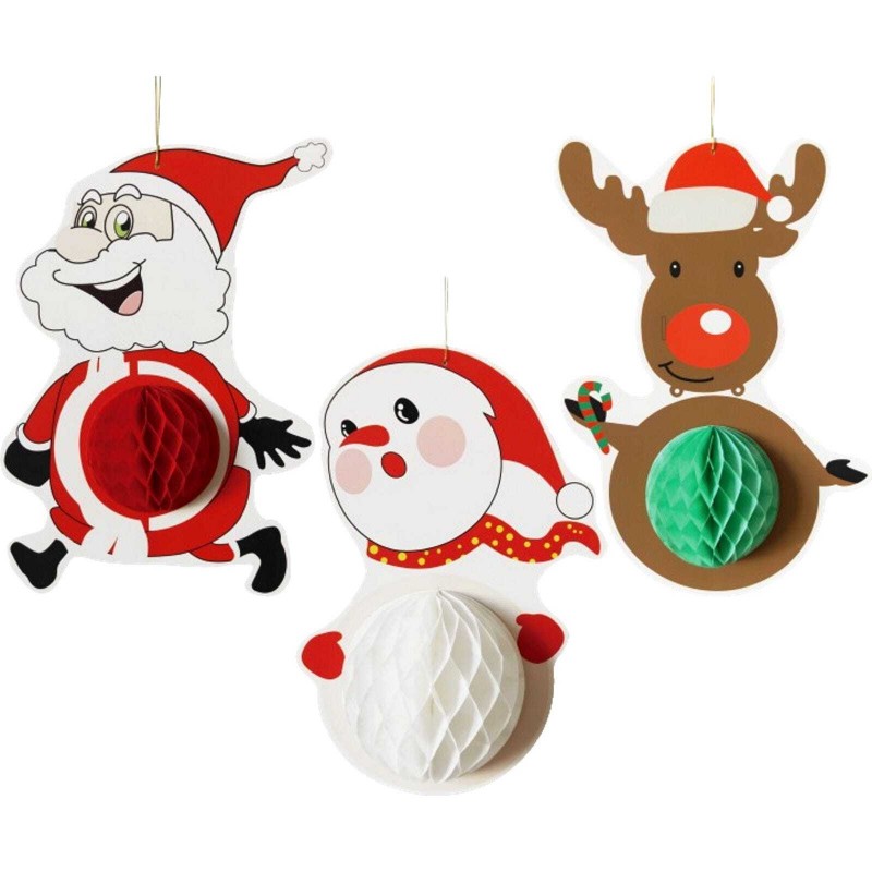 CHRISTMAS HONEYCOMB DECORATIONS HANGING SANTA SNOWMAN REINDEER 3PK