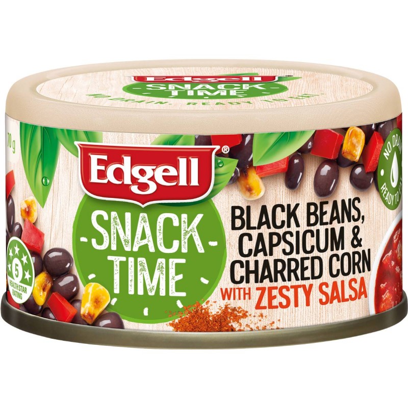 SNACK TIME BLACK BEANS, CAPSICUM & CHARRED CORN WITH ZESTY SALSA 70GM