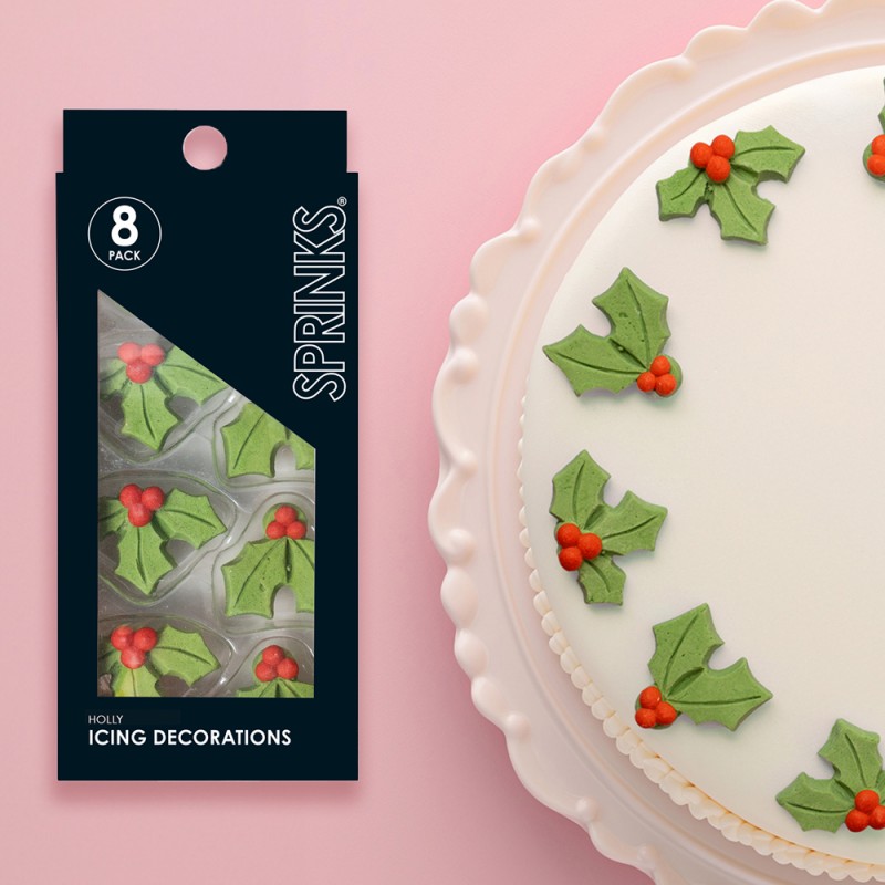 CHRISTMAS ICING DECORATIONS HOLLY 8PCE CHRISTMAS ICING DECORATIONS HOLLY 8PCE