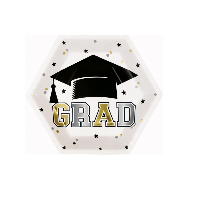 PAPER PLATES GRADUATION HEXAGON 23.4CM 8PK
