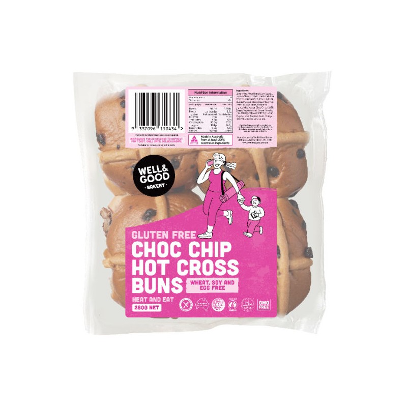 GLUTEN FREE CHOC CHIP HOT CROSS BUNS -FROZEN 4PK GLUTEN FREE CHOC CHIP HOT CROSS BUNS -FROZEN 4PK