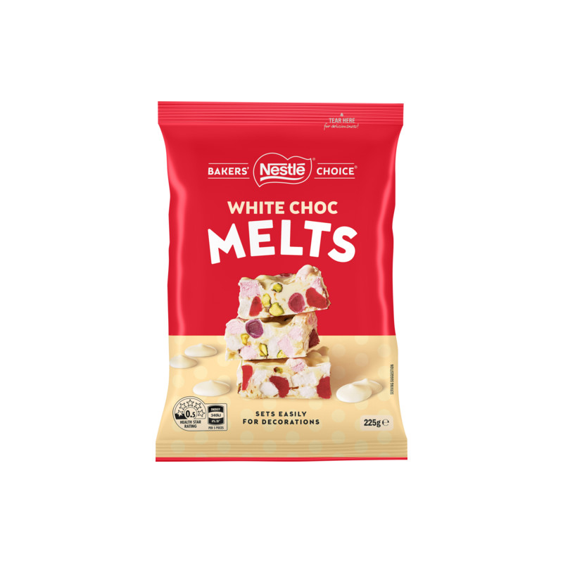WHITE CHOCOLATE MELTS 225GM
