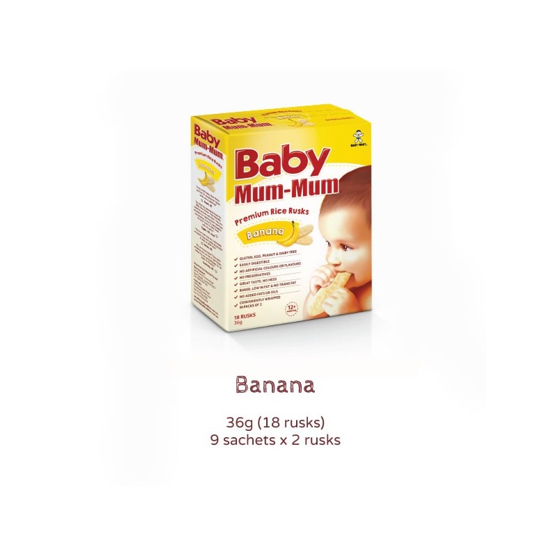 BABY MUM MUM RICE RUSKS BANANA 18PK 36GM BABY MUM MUM RICE RUSKS BANANA 18PK 36GM